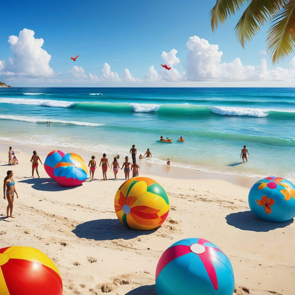 A vibrant beach scene featuring a group of diverse people wearing colorful animal-themed beachwear, like dolphins, turtles, and flamingos. They are surfing on bright blue waves under a sunny sky, with beach balls and umbrellas in the background, while playful sea animals swim nearby. The overall atmosphere is fun and lively, capturing the essence of summer. tropical, vibrant colors, super-realistic.