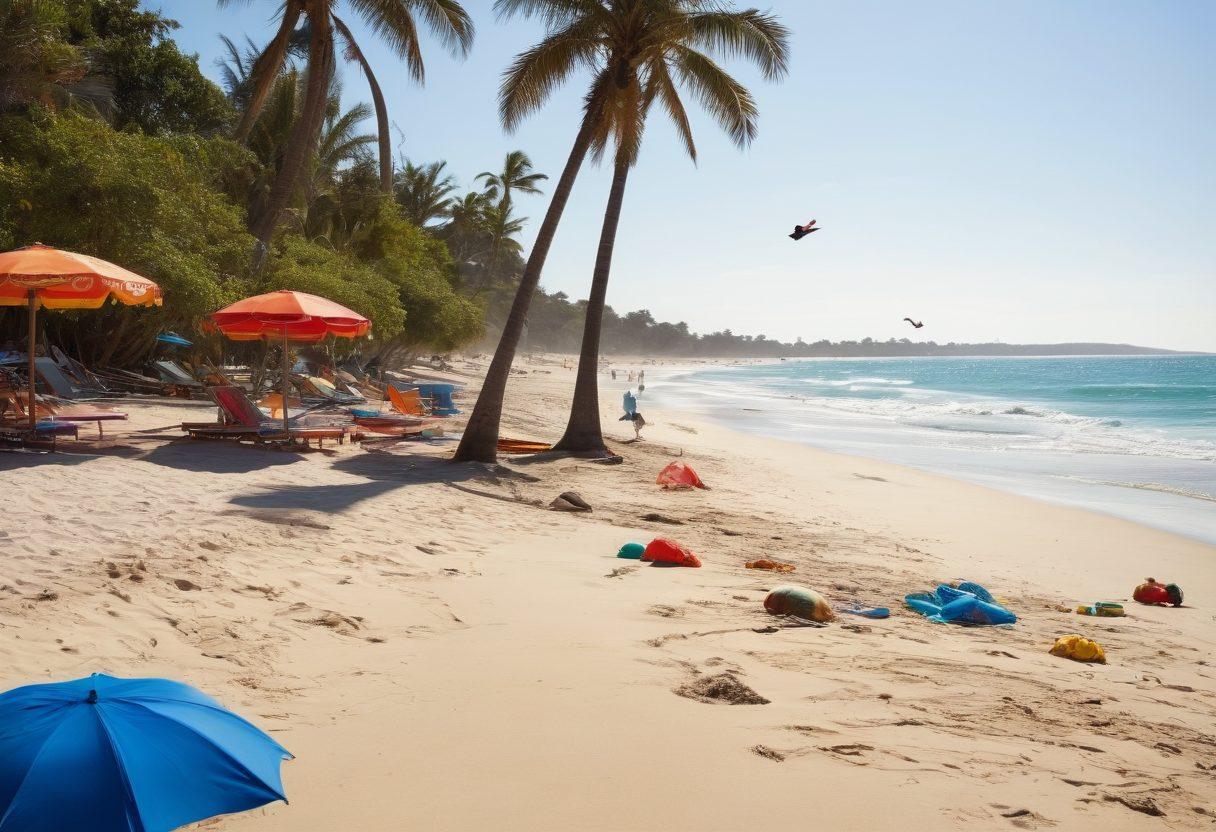 A vibrant beach scene featuring stylish beachwear with playful animal prints, surrounded by beachgoers enjoying the sun. Include colorful umbrellas and beach toys, with playful animal motifs like dolphins, palm trees, and tropical birds. The atmosphere should be lively, evoking a sense of fun and adventure in the sun. super-realistic. vibrant colors. soft focus.