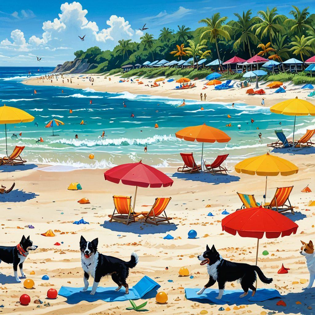 A vibrant beach scene filled with playful animals engaging in various fun activities, such as dogs catching frisbees, cats building sandcastles, and tropical birds playing in the surf. The sun shines brightly in a clear blue sky, with beach umbrellas and colorful beach balls scattered around. Create a lively, inviting atmosphere that captures the joy of a beach day with animals. Bright colors and a cheerful, cartoonish style enhance the playful vibe.